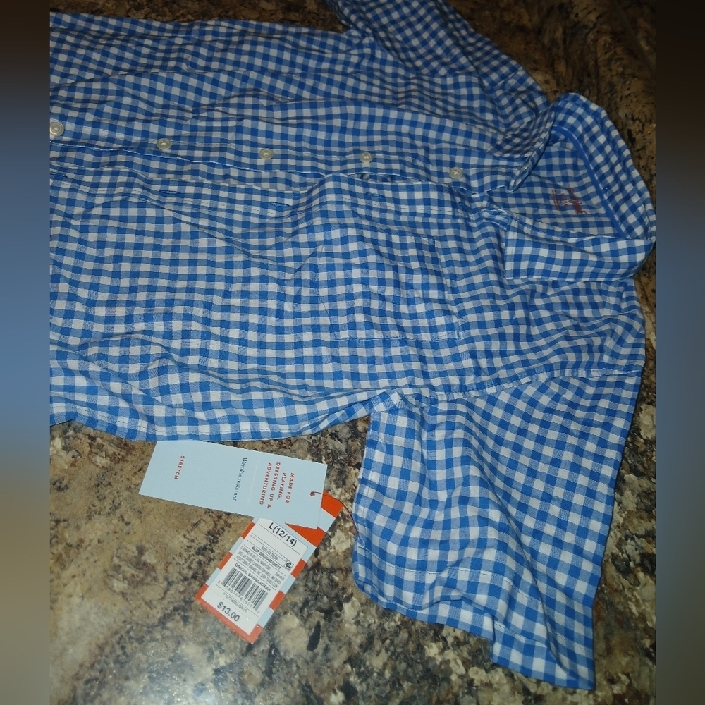 Cat and Jack size large 12/14 blue and white ginghams striped polo style shirt . - Picture 4 of 8